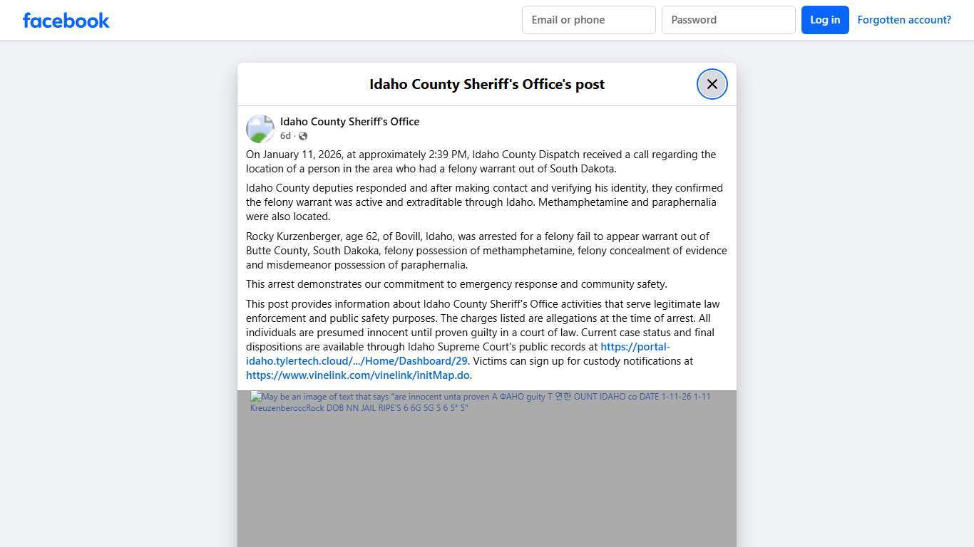On January 11, 2026, at... - Idaho County Sheriff's Office | Facebook